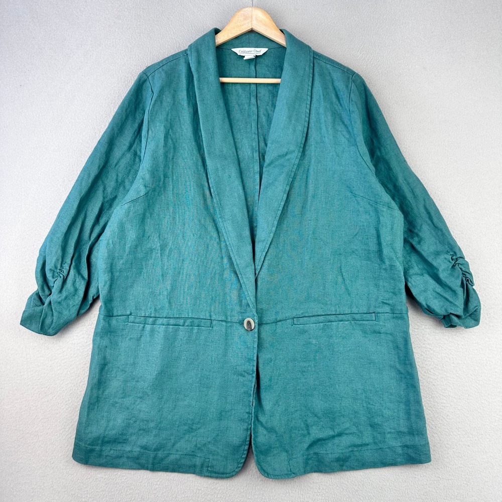Coldwater Creek Linen Blazer Women 16 Teal Ruched Sleeve Career‎ Comfort Casual